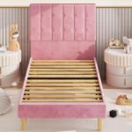 LIKIMIO Twin Bed Frames, Velvet Upholstered Platform Bed Frame with Headboard and Strong Wooden Slats, No Box Spring Needed/Noise-Free/Easy Assembly, Pink - Image 6