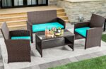 YITAHOME Patio Furniture Wicker Outdoor Bistro Set, 4-Piece All Weather Rattan Conversation Loveseat for Backyard, Balcony and Deck w/Soft Cushions and Metal Coffee Table (Brown+Blue) - Image 4