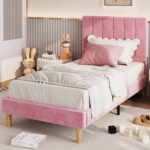 LIKIMIO Twin Bed Frames, Velvet Upholstered Platform Bed Frame with Headboard and Strong Wooden Slats, No Box Spring Needed/Noise-Free/Easy Assembly, Pink - Image 5