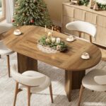 LITTLE TREE 63" Rustic Oval Dining Table for 4-6, Sturdy MDF Farmhouse Kitchen Table with Metal Strip Base, for Living Room, Office, Restaurant, Multi-Use, Umber - Image 2
