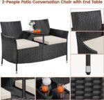 Yaheetech Patio Loveseat, Outdoor Wicker Double Chair w/Side Table, PE Rattan Furniture Set for Two People, Love Seat w/2 Removable Cushions & 1 Tempered Glass Side Table, Black/Beige - Image 5