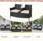 Yaheetech Patio Loveseat, Outdoor Wicker Double Chair w/Side Table, PE Rattan Furniture Set for Two People, Love Seat w/2 Removable Cushions & 1 Tempered Glass Side Table, Black/Beige - Image 7