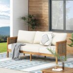 Merax 76.5" Outdoor Acacia Wood Wicker 3 Seater Sofa, Patio Furniture Couch for Backyard - Image 2