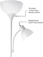 GLOBE Electric 67136 72" Torchiere Floor Lamp with Adjustable Reading Light, Matte White Finish, Frosted Shades, Rotary Switch on Socket, E26 Base - Image 6