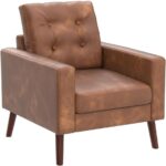 HNY Set of 2 Mid Century Modern Armchair, Button Tufted Faux Leather Accent Chair with Arm, Upholstered Club Chair for Living Room, Bedroom, Rubber Wood Legs, Caramel, 29.1D x 32.3W x 33.1H Inch - Image 5
