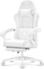 White Gaming Chair,Ergonomic Massage Computer Office Desk Chair with Footrest,Pocket Spring Cushion,Reclining Leather Adjustable Gamer Chair with Headrest and Lumbar Support,White - Image 2