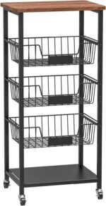 Kitchen Storage Cart, Kitchen Basket, 5-Tier Utility Organizer with Baskets and Wood Top, Rolling Snack Cart with Wheels, Metal Black - Image 2