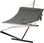 SUNCREAT Double Outdoor Hammock with Stand, Two Person Cotton Rope Hammock with Polyester Pad, Dark Gray - Image 2