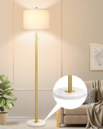 【Upgraded】Dimmable Gold Floor Lamps for Living Room, 11W LED Bulb Included, Modern Standing Lamp with Marble Base, Tall Pole Light with White Linen Shade for Bedroom Reading Office Corner Nursery - Image 2