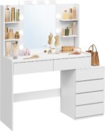 VASAGLE Vanity Desk with Mirror and LED Lights, Makeup Vanity with 6 Drawers, Vanity Table with 4 Open Shelves, 10 Dimmable LED Lights, for Bedroom, Dressing Room, Modern, Cloud White URDT122T14 - Image 2
