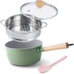 ROCKURWOK Ceramic Nonstick Sauce Pan with Lid, 2 Quart Cooking Pot, Small Saucepan with Steamer, PTFE& PFAS-Free, Wooden Handle for Cool Touch, Universal Base(Gas, Electric & Induction), Green - Image 2