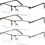 3 Pack Blue Light Blocking Reading Glasses for Men, Stylish Half Frame Metal Computer Readers, Lightweight Spring Hinge Eyeglasses Anti Eyestrain/Glare/UV (Mix Color, Black+Grey+Brown, 1.5) - Image 2