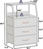 Furnulem White Nightstand with 3 Drawers and 2-Tier Shelf, Small Night Stand End Table Side Furniture, Fabric Storage Organizer for Bedroom, Closet, Hallway, Nursery, Sturdy Steel Frame, Wood Top - Image 4