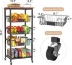 Kitchen Storage Cart, Kitchen Basket, 5-Tier Utility Organizer with Baskets and Wood Top, Rolling Snack Cart with Wheels, Metal Black - Image 3
