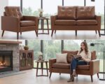 HNY Set of 2 Mid Century Modern Armchair, Button Tufted Faux Leather Accent Chair with Arm, Upholstered Club Chair for Living Room, Bedroom, Rubber Wood Legs, Caramel, 29.1D x 32.3W x 33.1H Inch - Image 11