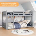 JOYMOR Solid Wood Low Twin Over Twin Bunk Bed for Kids/Junior, Bunk Bed Frame with Guardrails & Ladder for Boys Girls, No Box Spring Needed (Gray) - Image 4