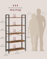 VASAGLE 5-Tier Bookshelf, Bookcase with Steel Frame, Book Shelf for Living Room, Home Office, Study, 11.8 x 31.5 x 60.2 Inches, Industrial Style, Rustic Brown and Ink Black ULLS081B01 - Image 4