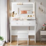 Haewon White Makeup Vanity with Lighted Mirror and Charging Station, Vanity Table Set with Adjustable Lighting, 4 Drawers, Storage Chair for Bedroom - Image 8