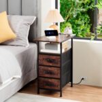 AMHANCIBLE End Tables Living Room with Charging Station, Narrow Side Table with USB Ports and Outlets, Slim Nightstand with 3 Fabric Drawers for Bedroom, Small Space, Rustic Brown, HETN013BR-1 - Image 3