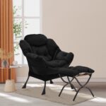 Youtanic Lazy Chair with Folding Ottoman, Accent Chair Velvet Upholstered with Metal Structure and Non-Slip Pads, Sofa Armchair with Footrest and Side Storage Bag for Dorm, Room, Office, Black - Image 3