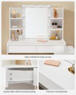 VASAGLE Vanity Desk with Mirror and LED Lights, Makeup Vanity with 6 Drawers, Vanity Table with 4 Open Shelves, 10 Dimmable LED Lights, for Bedroom, Dressing Room, Modern, Cloud White URDT122T14 - Image 10