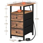 AMHANCIBLE End Tables Living Room with Charging Station, Narrow Side Table with USB Ports and Outlets, Slim Nightstand with 3 Fabric Drawers for Bedroom, Small Space, Rustic Brown, HETN013BR-1 - Image 4