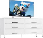 WLIVE White Dresser TV Stand for 60, 65, 70 inch TV, Fabric Wide Dresser with 6 Drawer, TV Media Console Table with Wood Top, Adjustable Feet for Living Room, Hallway - Image 2