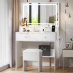 Haewon White Makeup Vanity with Lighted Mirror and Charging Station, Vanity Table Set with Adjustable Lighting, 4 Drawers, Storage Chair for Bedroom - Image 2