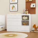 Timechee Changing Table Dresser, Baby Classic Nursery Dresser with 5 Drawers and 2 Shelves, Multi-Functional Baby Changing Table, Diaper Changing Station for Children's Room, White - Image 4