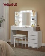 VASAGLE Vanity Desk with Mirror and LED Lights, Makeup Vanity with 6 Drawers, Vanity Table with 4 Open Shelves, 10 Dimmable LED Lights, for Bedroom, Dressing Room, Modern, Cloud White URDT122T14 - Image 3
