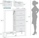 HIGDBFE Dresser with Hanging Rack, 4 Drawers Small Closet for Bedroom, Reversible Fabric Kids Chest of Drawers with Clothes Rack, Tall Storage Tower, Sturdy Frame, White, 44''H - Image 6