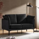 HULALA HOME Modern Faux Leather Loveseat Sofa Combined with Linen Fabric, Comfy Upholstered 2-Seater Couch with Metal Legs, Small Love Seat for Living Room Bedroom, Black - Image 8