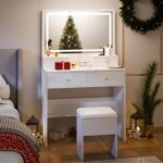 Haewon White Makeup Vanity with Lighted Mirror and Charging Station, Vanity Table Set with Adjustable Lighting, 4 Drawers, Storage Chair for Bedroom - Image 7