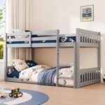 JOYMOR Solid Wood Low Twin Over Twin Bunk Bed for Kids/Junior, Bunk Bed Frame with Guardrails & Ladder for Boys Girls, No Box Spring Needed (Gray) - Image 2