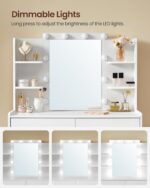 VASAGLE Vanity Desk with Mirror and LED Lights, Makeup Vanity with 6 Drawers, Vanity Table with 4 Open Shelves, 10 Dimmable LED Lights, for Bedroom, Dressing Room, Modern, Cloud White URDT122T14 - Image 4