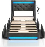Rolanstar Twin Bed Frame with LED Lights and Charging Station, Upholstered Bed with Drawers, Wooden Slats, Noise Free, Easy Assembly, Dark Gray - Image 8