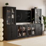 TUSY 71" TV Stand Storage Set - 2 Tall Bookcases & 2 Side Cabinets, Media Console with Glass & Wood Doors, Entertainment Center with Drawers, Tall Media Console for Living Room (Black, ADDA) - Image 2