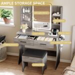 Vanity Desk with LED Lights Mirror & Power Outlet, Small Makeup Vanity Table Set with Storage Drawers & Chair, 3 Lighting Modes & Adjustable Brightness, Dressing Table for Women Girls Bedroom, Grey - Image 6
