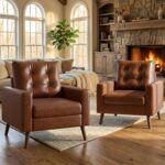 HNY Set of 2 Mid Century Modern Armchair, Button Tufted Faux Leather Accent Chair with Arm, Upholstered Club Chair for Living Room, Bedroom, Rubber Wood Legs, Caramel, 29.1D x 32.3W x 33.1H Inch - Image 8