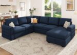 HONBAY Sleeper Sectional Couch with Pull-Out Bed Sectional Sleeper Sofa Pull Out Bed with Storage Chaise, 6 Seaters Couch for Living Room, Velvet Blue - Image 2