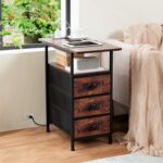 AMHANCIBLE End Tables Living Room with Charging Station, Narrow Side Table with USB Ports and Outlets, Slim Nightstand with 3 Fabric Drawers for Bedroom, Small Space, Rustic Brown, HETN013BR-1 - Image 8