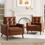HNY Set of 2 Mid Century Modern Armchair, Button Tufted Faux Leather Accent Chair with Arm, Upholstered Club Chair for Living Room, Bedroom, Rubber Wood Legs, Caramel, 29.1D x 32.3W x 33.1H Inch - Image 2