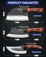Topfeel 3PCS Butcher Knife Set, Hand Forged Serbian Chef Knives & Meat Cleaver & Viking Knives, Meat Cutting Kitchen Knife Set for Home, Outdoor Cooking, Camping BBQ Gift Idea Men - Image 7