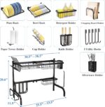 SAYZH Over The Sink Dish Drying Rack, Adjustable (25.5 to 33.5 inch) 2 Tier Metal Steel Dish Drying Racks for Kitchen Counter with Hooks Paper Towel Utensil Cup Holder Sink Caddy (Black) - Image 7