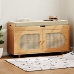 Rattan Shoe Storage Bench, 35.4" Bamboo Entryway Bench, 2-Tier Shoe Rack with 2 Doors & Padded Seat Cushion for Entryway, Living Room, Bedroom - Image 2