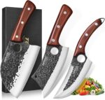 Topfeel 3PCS Butcher Knife Set, Hand Forged Serbian Chef Knives & Meat Cleaver & Viking Knives, Meat Cutting Kitchen Knife Set for Home, Outdoor Cooking, Camping BBQ Gift Idea Men - Image 2