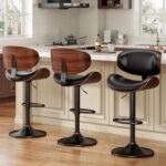Bar Stools Set of 3, Bentwood Adjustable Height Swivel Bar Stools, PU Leather Upholstered Bar Chair with Back and Footrest for Bar, Kitchen, Dining Room, Black - Image 2