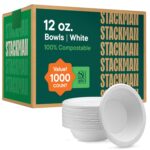 100% Compostable Paper Bowls 12 oz. [1000 Count] Heavy-Duty Soup Bowls - Natural White Color Unbleached Bagasse Bowls - Eco-Friendly Disposable Biodegradable Sugarcane - [Bulk Case 8 x 125 Pack] - Image 2