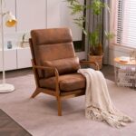 Karl home Accent Chair Mid-Century Modern Chair with Pillow High Back Bronzing Cloth Upholstered Lounge Arm Chair with Solid Wood Frame & Soft Cushion for Living Room, Bedroom, Balcony, Brown - Image 2