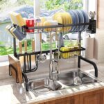 SAYZH Over The Sink Dish Drying Rack, Adjustable (25.5 to 33.5 inch) 2 Tier Metal Steel Dish Drying Racks for Kitchen Counter with Hooks Paper Towel Utensil Cup Holder Sink Caddy (Black) - Image 3